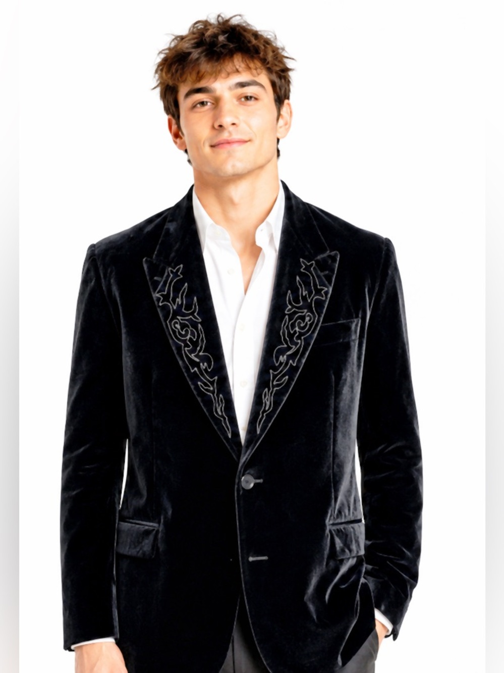 Byblos Men’s Black Velvet Embroidered Blazer / Tux Jacket | Italy | 40R (US)